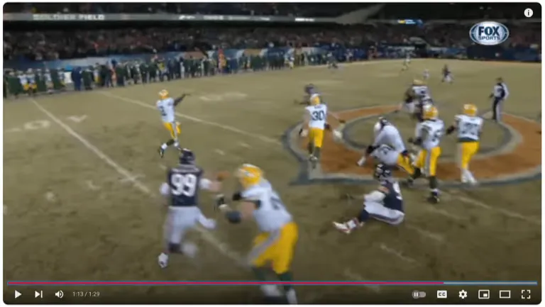 Aaron Rodgers throwing to Randall Cobb on fourth and eight against the Bears in 2013