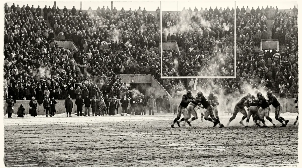 A frozen football field in a packed stadium, an illustration of the Ice Bowl